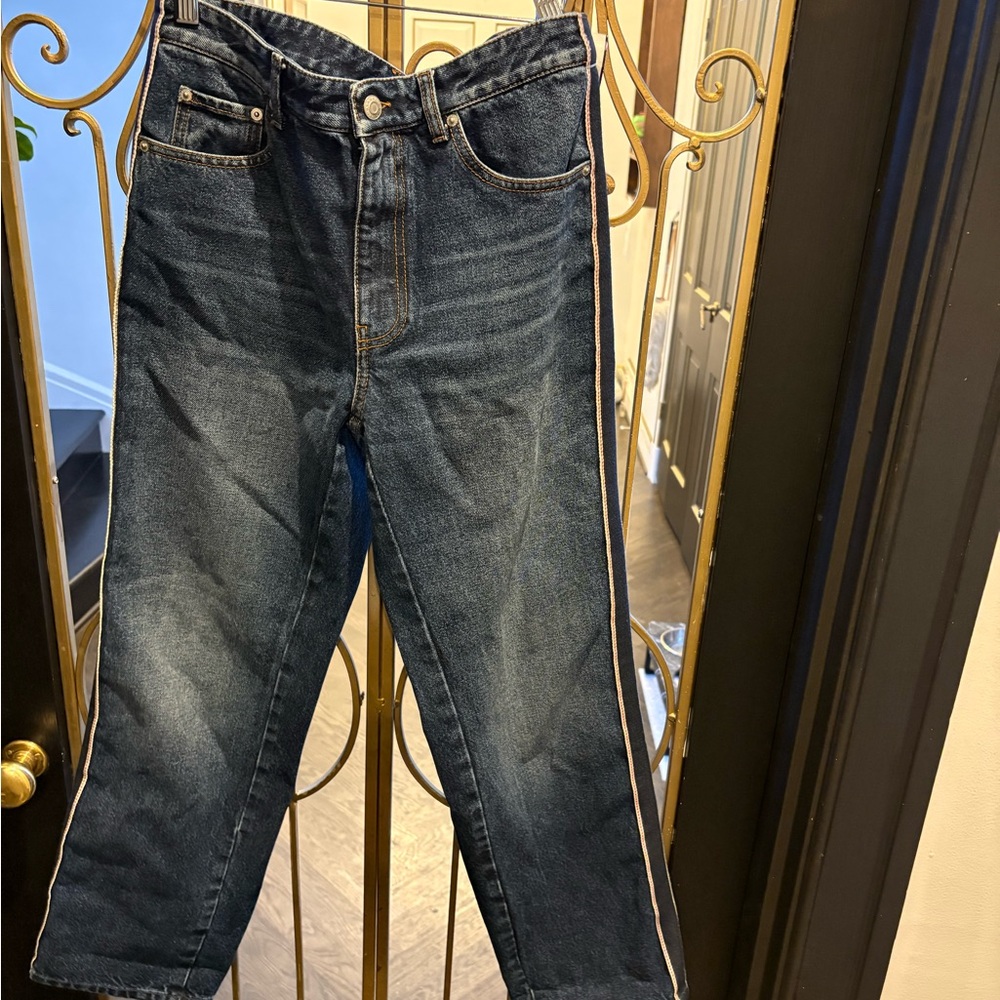 Alexander McQueen  cropped racing  strip  Dark Blue Straight Jeans size 24